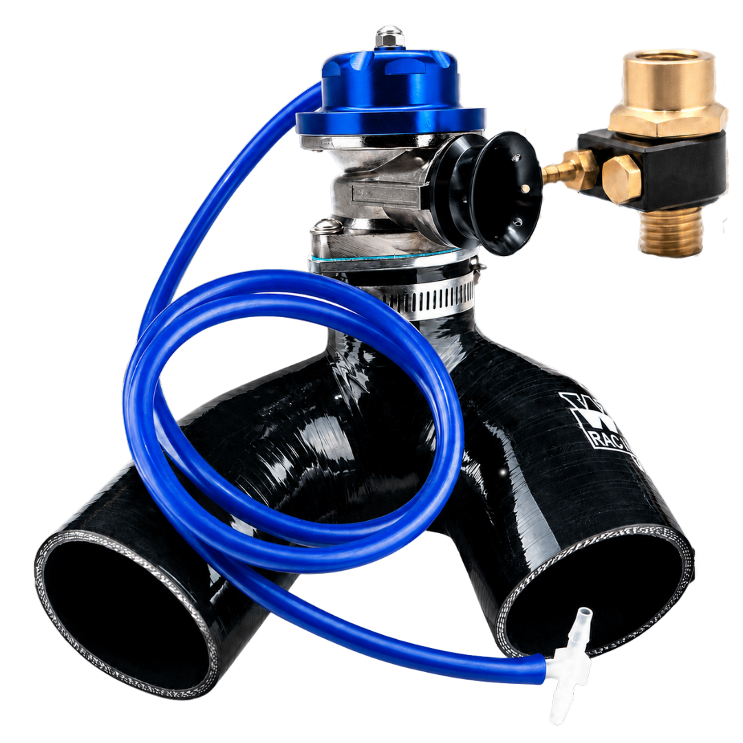 Worx Racing Yamaha blow-off valve kit with blue anodized top and matching blue vacuum hose on silicone Y-pipe