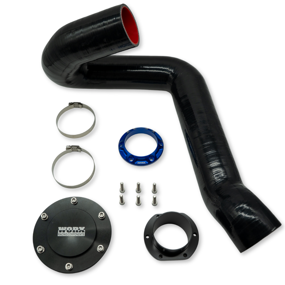 WORX Racing Jet Blaster exhaust kit with Nitro Blue outlet, silicone hose, and mounting hardware
