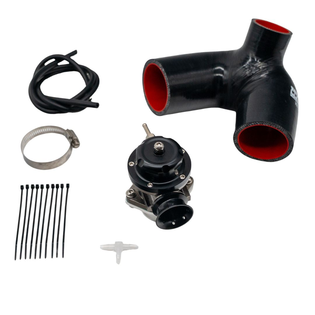 Yamaha blow-off valve black kit contents including valve, silicone hose elbow, vacuum line, hose clamp, zip ties, and T-fitting