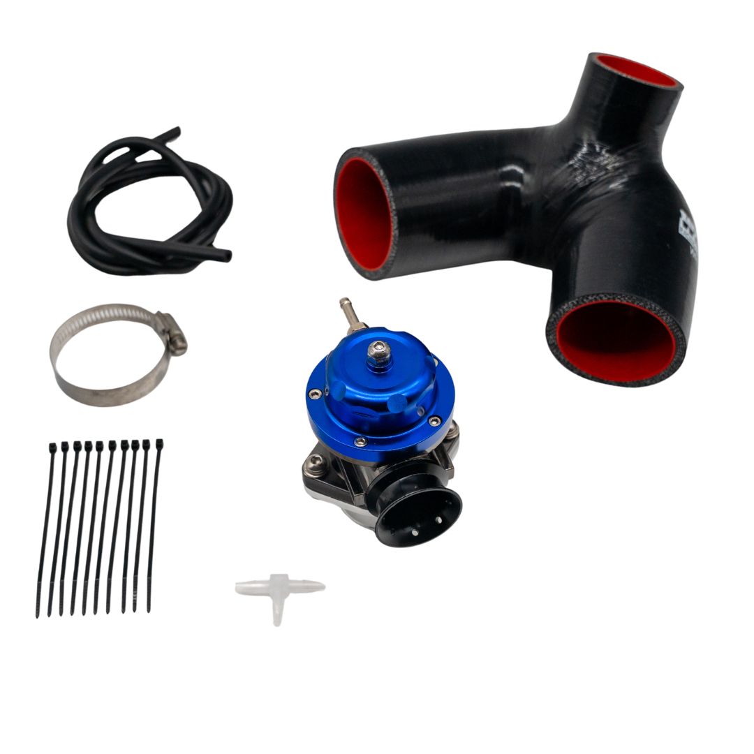 Yamaha blow-off valve blue kit contents including valve, silicone hose elbow, blue vacuum line, hose clamp, zip ties, and T-fitting