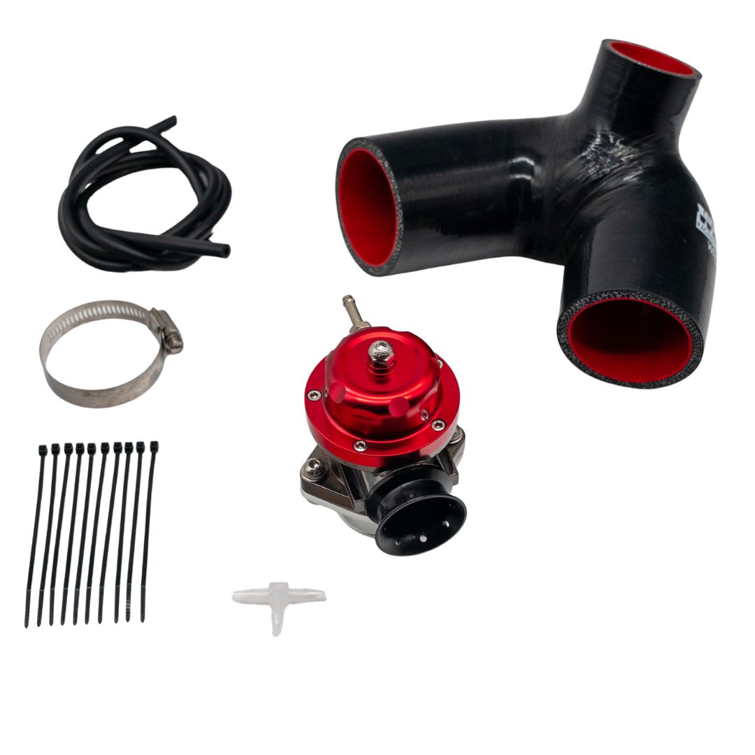 Yamaha blow-off valve red kit contents including valve, silicone hose elbow, vacuum line, hose clamp, zip ties, and T-fitting